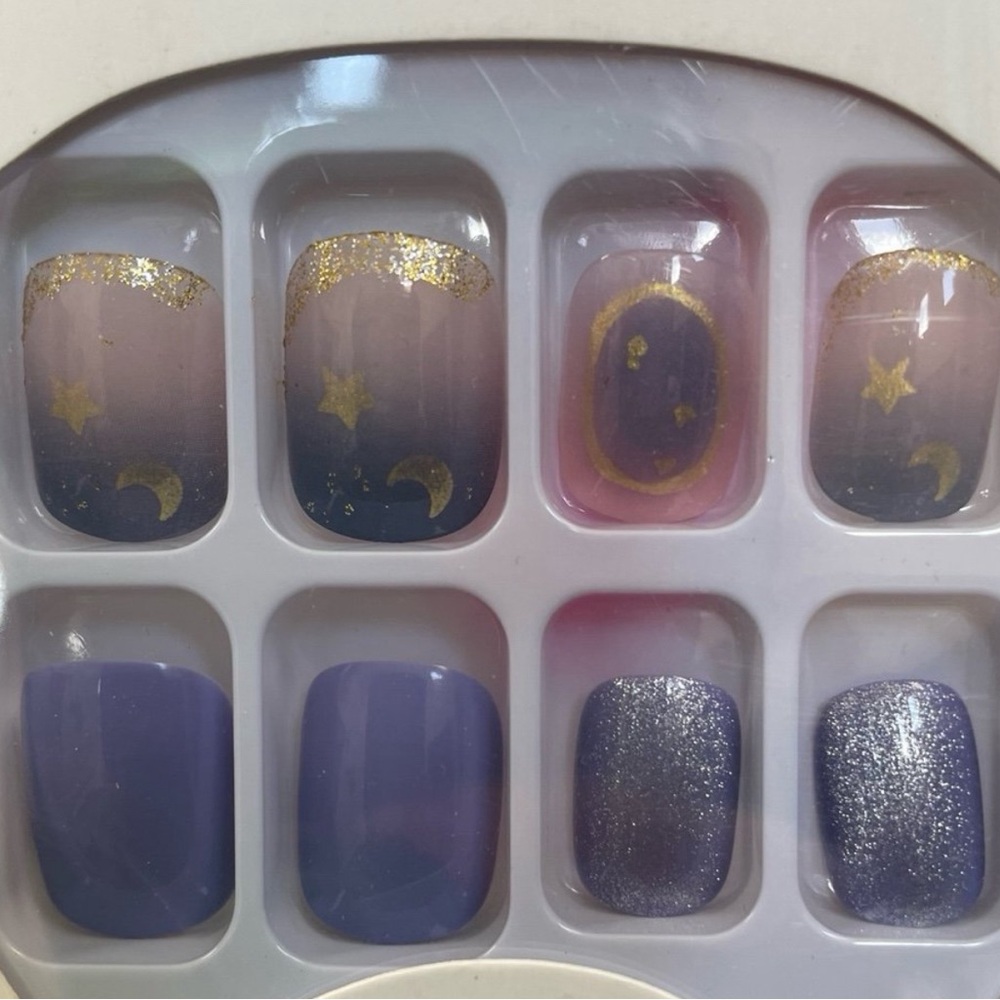 Short Glossy Gold & Purple Moon & Star Press On Glitter Acrylic Nails NIB